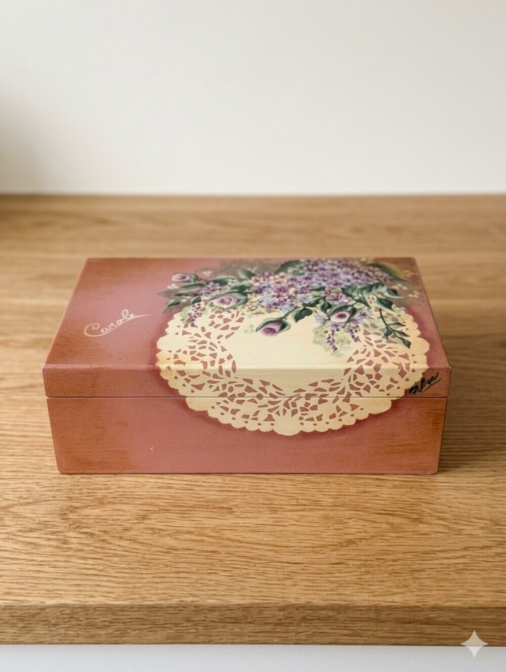 Vintage Hand‑Painted Wooden Keepsake Box – Floral Lace Design – Blush Pink